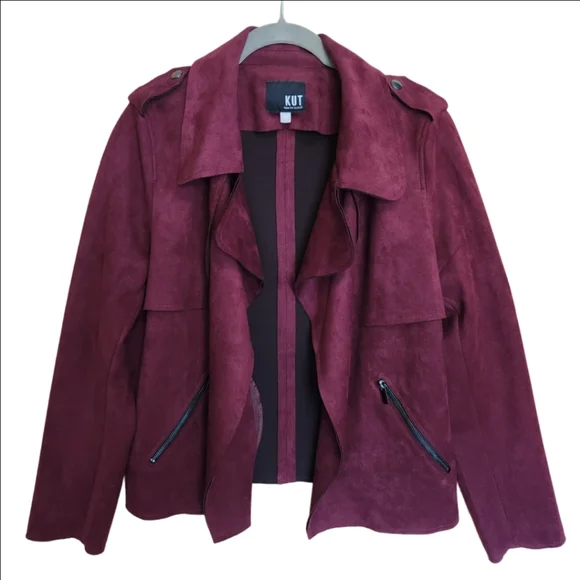 KUT FROM THE KLOTH JACEE DRAPED MOTO JACKET BURGANDY SIZE LARGE EUC - Picture 2 of 7
